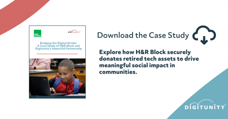 Case study cover with child using a laptop. Text: "Download the Case Study: Explore how H&R Block donates retired tech assets for social impact."