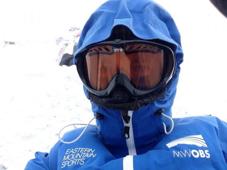 Person wearing a blue winter jacket, hood, and goggles in a snowy environment.