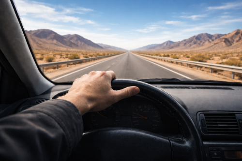 Hand on a steering wheel driving down an open highway through a desert landscape with mountains in the distance.