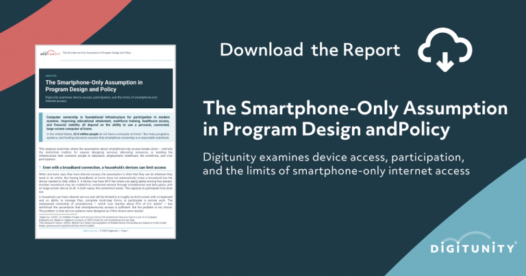 Cover image of Digitunity report on smartphone-only access and its limits in program design and policy.