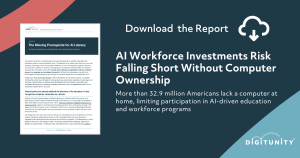 Graphic promoting a Digitunity report titled “AI Workforce Investments Risk Falling Short Without Computer Ownership.” The image shows the report cover alongside the text “Download the Report” and states that more than 32.9 million Americans lack a computer at home, limiting participation in AI-driven education and workforce programs.