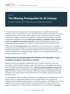 Cover of a Digitunity report page titled “The Missing Prerequisite for AI Literacy,” with the subtitle “Computer Ownership and AI-Ready Education and Workforce Systems.” The page discusses computer ownership as a foundation for AI literacy and workforce readiness.