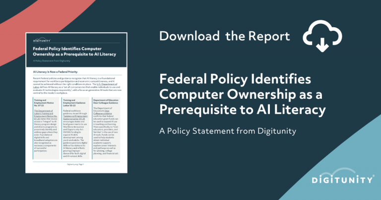 Graphic promoting a Digitunity report titled “Federal Policy Identifies Computer Ownership as a Prerequisite to AI Literacy,” with a report preview, download icon, and Digitunity logo