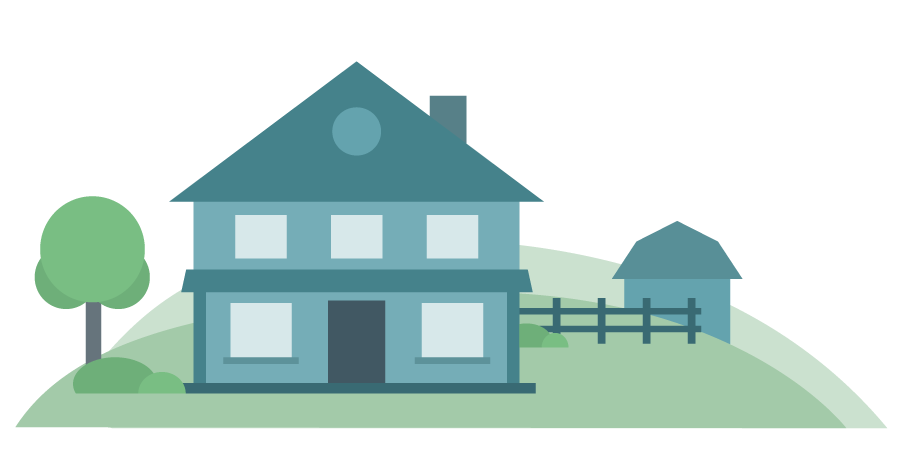 Illustration of a house, barn, trees, and open land representing rural households.