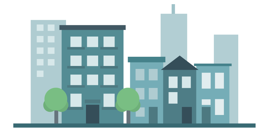 Illustration of apartment buildings and homes representing urban households.