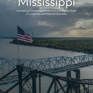 Cover of Case Study Mississippi American flag on a bridge over a river at sunset, with cloudy sky. Text overlays: "Case Study Mississippi," focusing on digital skills and computer ownership, supported by AT&T and Digitunity.